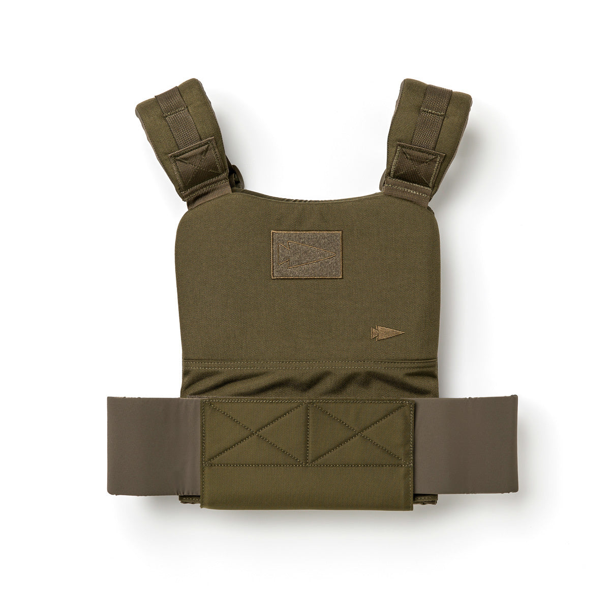 The Training Weight Vest 2.0 in olive green features adjustable shoulder and waist straps, perfect for use with ruck plates or as a training weight vest. Shown on a white background.