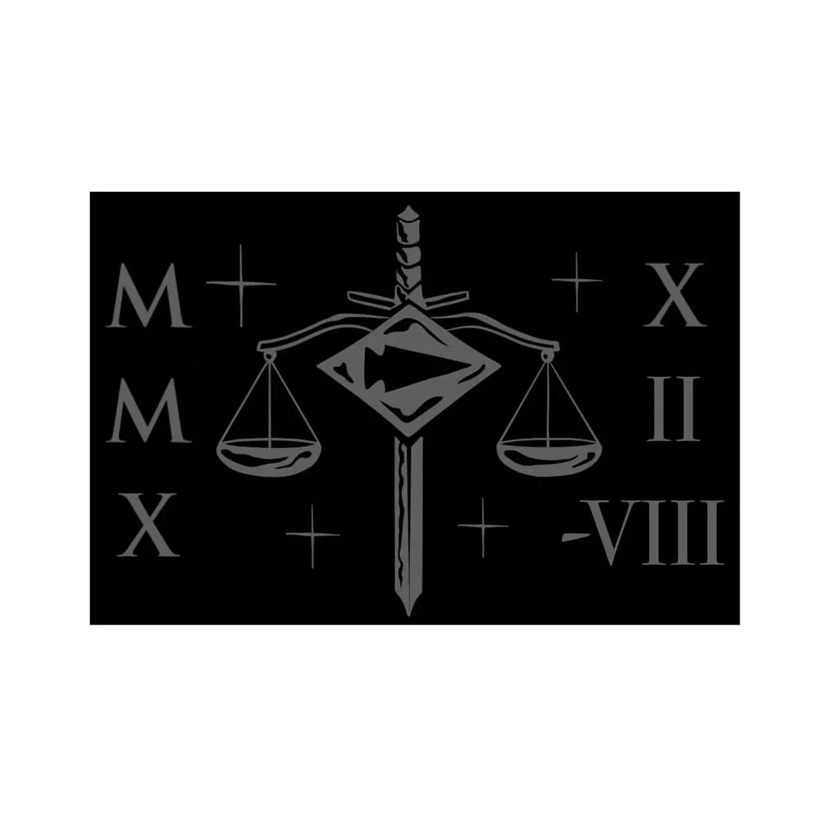 GORUCK patch featuring sword and scales, Roman numerals, black background, rucking gear.