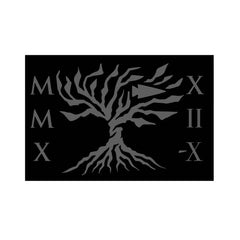 GORUCK patch with tree design, Roman numerals, and arrow on black background