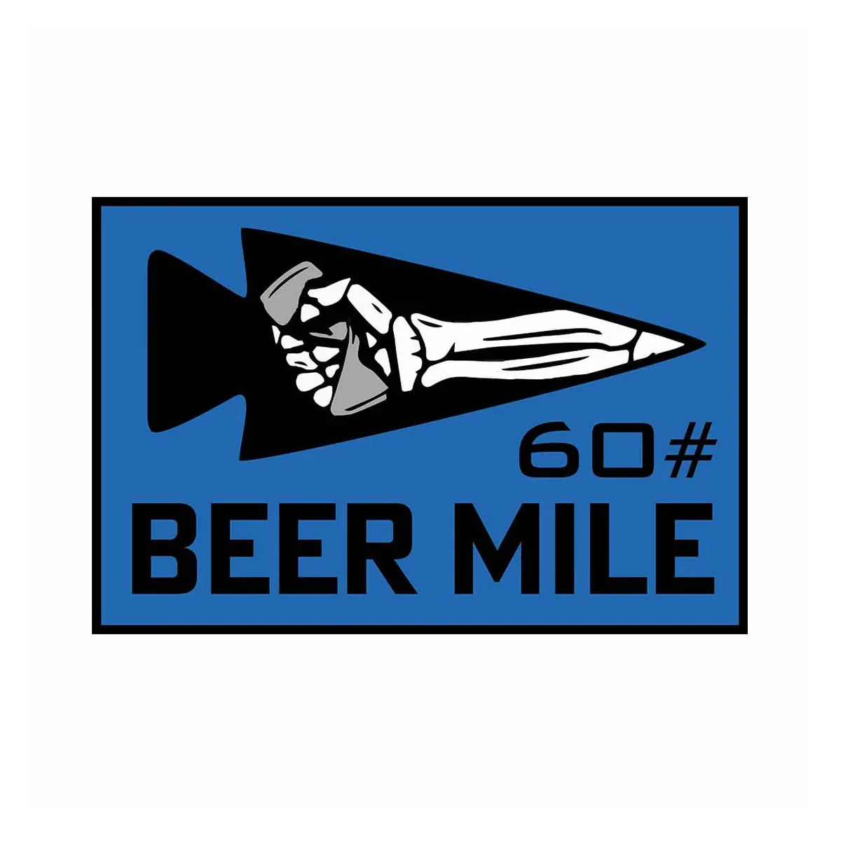 GORUCK Beer Mile 60# patch with skeleton hand holding a can on blue background.