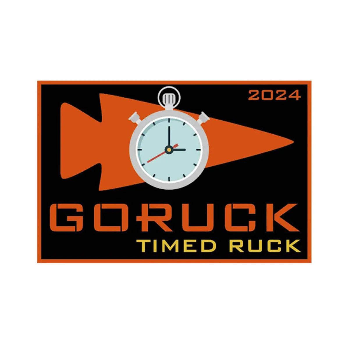 GORUCK Timed Ruck 2024 patch with orange arrow and stopwatch graphic