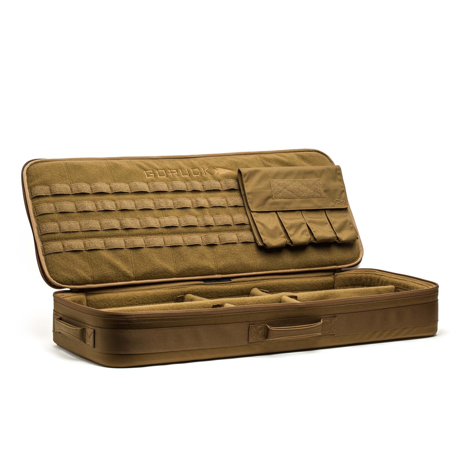 A brown, padded Rifle Case with hard case compatibility, featuring compartments and exterior pockets, is open to display its modular interior.