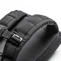 Close-up of GORUCK black rucksack shoulder straps with heavy-duty webbing and buckle