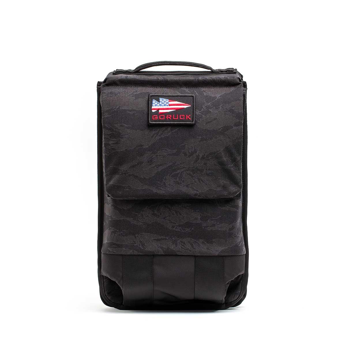 GORUCK black camo rucksack with American flag patch, durable tactical backpack