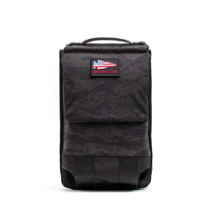 GORUCK black camo rucksack with American flag patch, durable tactical backpack