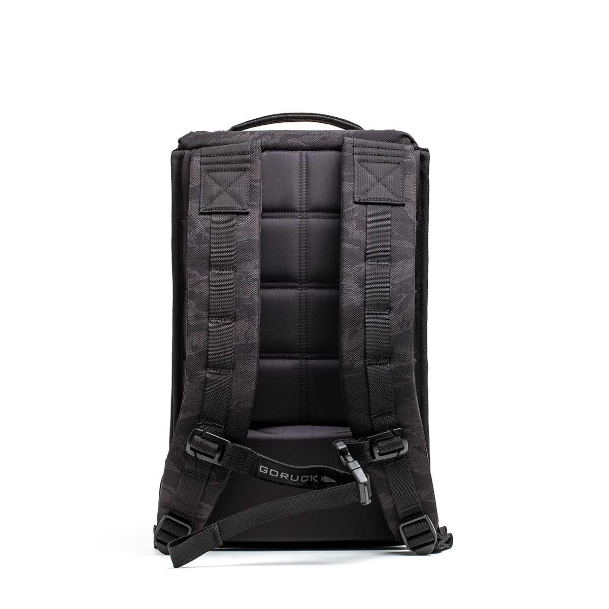 Back view of GORUCK black tactical rucksack with padded straps and sternum support