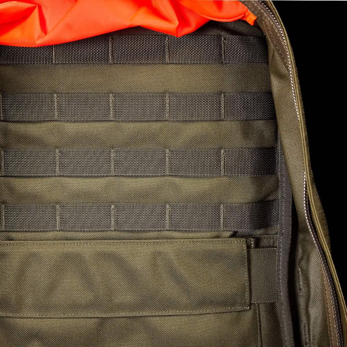 GORUCK Ranger Green rucksack interior with MOLLE webbing and orange lining for rucking gear