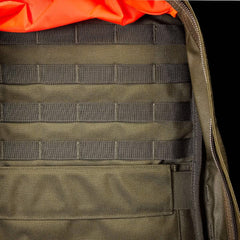 GORUCK Ranger Green rucksack interior with MOLLE webbing and orange lining for rucking gear