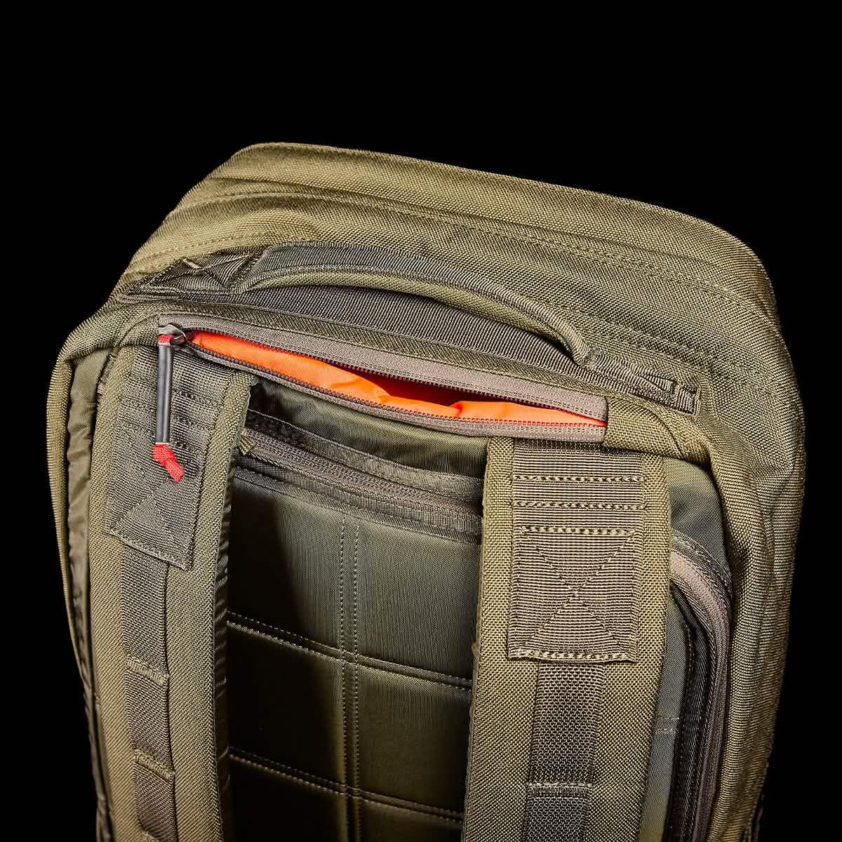 GORUCK Ranger Green rucksack close-up showing tough fabric and padded straps