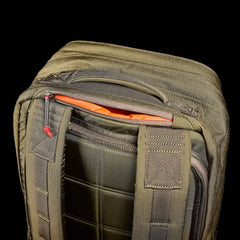 GORUCK Ranger Green rucksack close-up showing tough fabric and padded straps