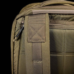 Close-up of GORUCK Ranger Green rucksack shoulder strap and stitching detail
