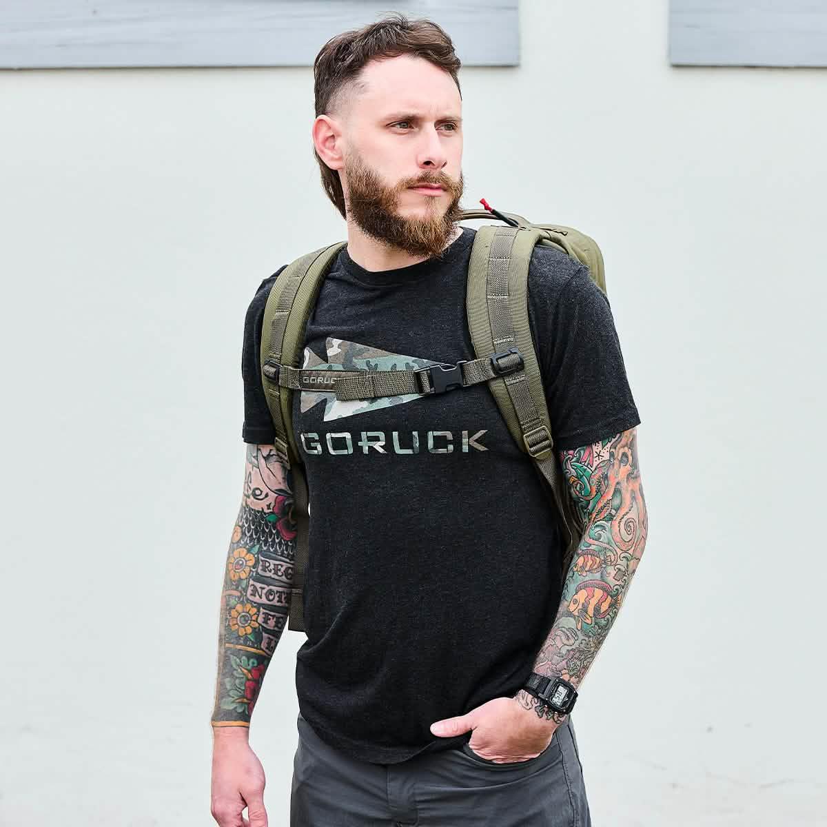 Man wearing GORUCK t-shirt and ranger green rucksack, standing outdoors.