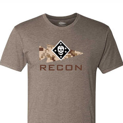 The Recon Raider San Diego Event Tee - Tri-Blend is a brown t-shirt with a camo flag, skull logo, and "RECON" on the front, inspired by Marine Corps Recon Raider San Diego.