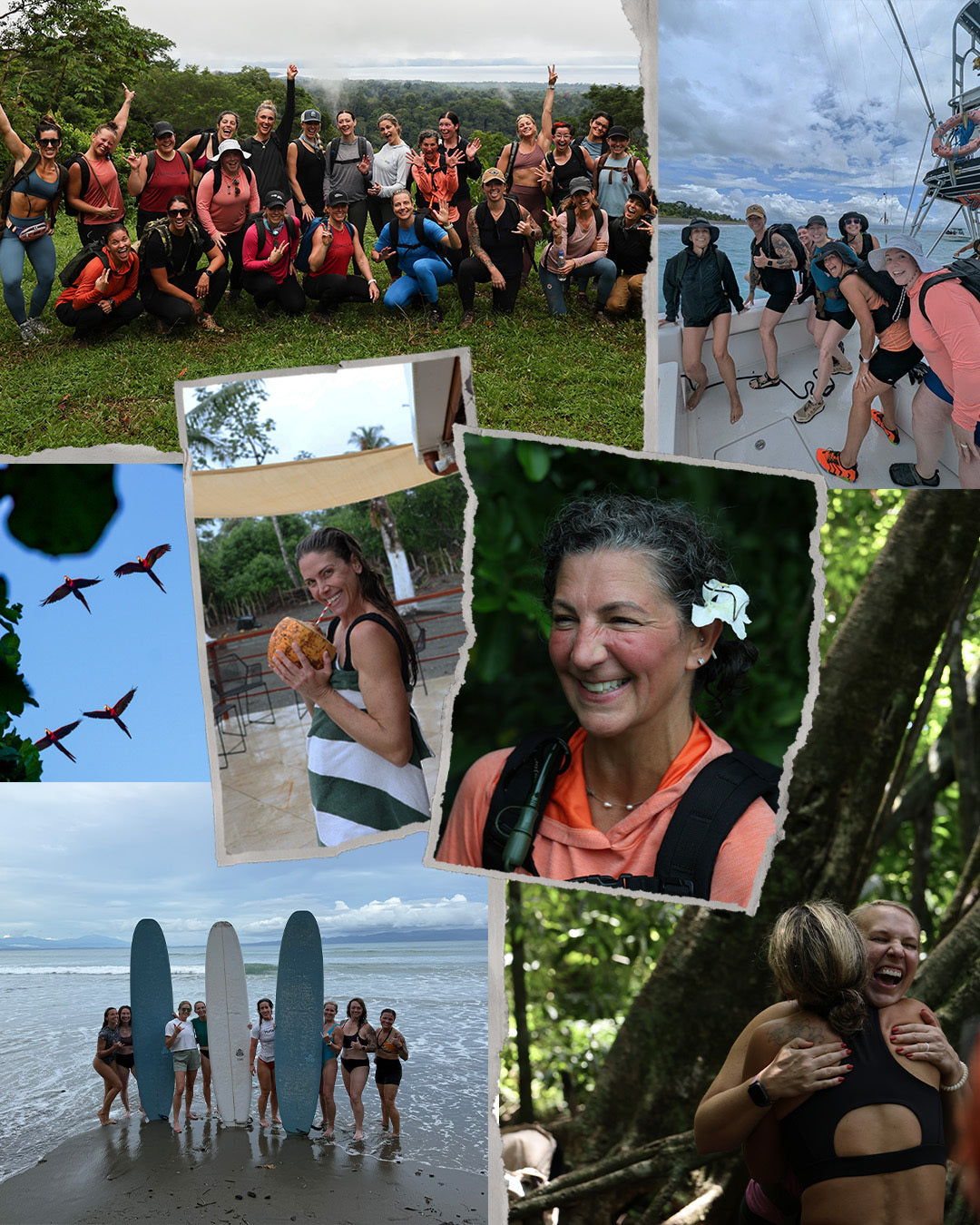 Collage of women hiking, sailing, surfing, laughing, and enjoying nature in a tropical setting.