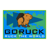 Celebrate Ruck The World Day with the Patch - Ruck the World, featuring a cartoon capybara with a backpack over a blue map. Text reads "GORUCK RUCK THE WORLD"—ideal for rucking or your next GORUCK Challenge!.