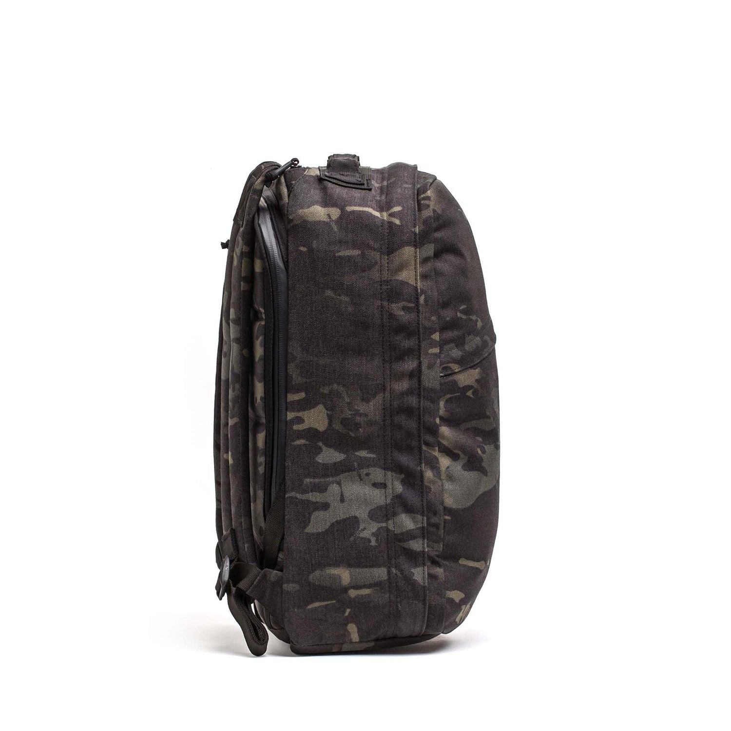 GORUCK black multicam rucking backpack side view, tough tactical outdoor gear