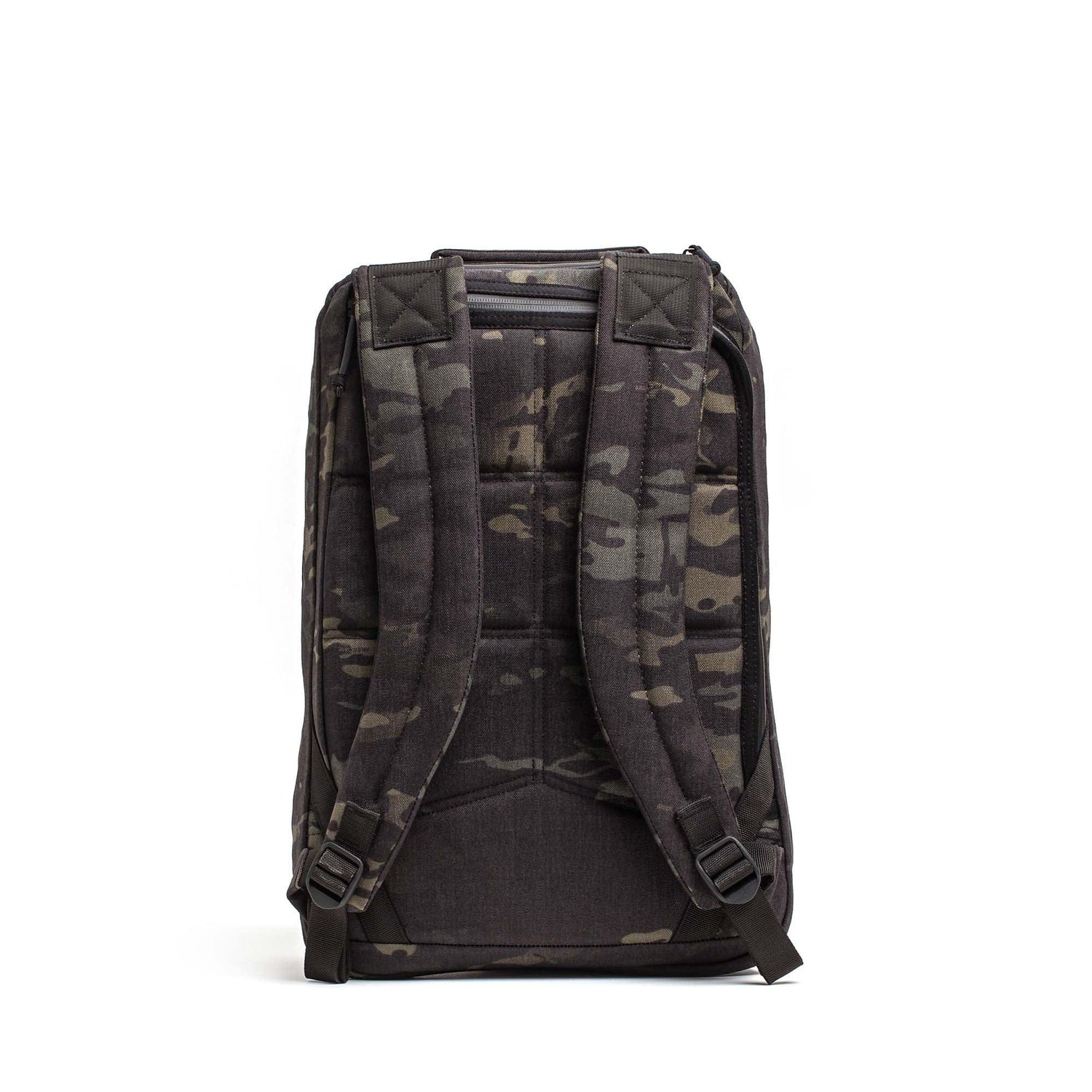 GORUCK black Multicam rucksack shown from the back with padded shoulder straps