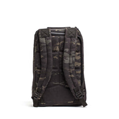 GORUCK black Multicam rucksack shown from the back with padded shoulder straps