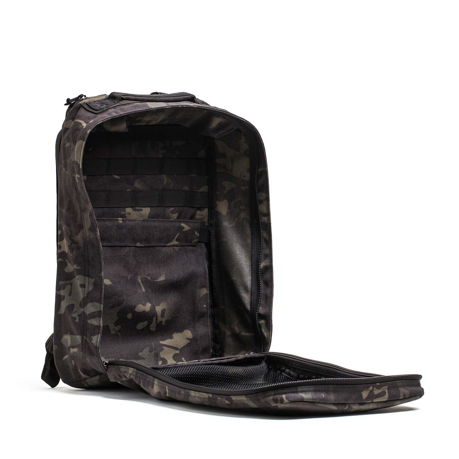 GORUCK black Multicam tactical backpack open to show spacious interior and durable design