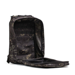 GORUCK black Multicam tactical backpack open to show spacious interior and durable design