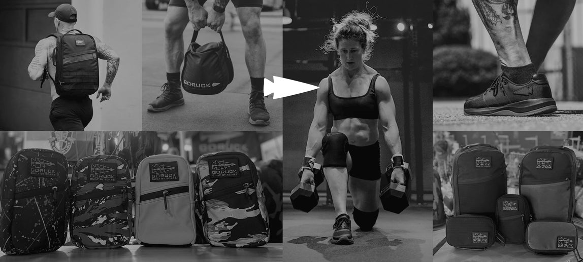 Collage of fitness gear, gym bags, backpacks, athletic shoes, and a woman working out with dumbbells.