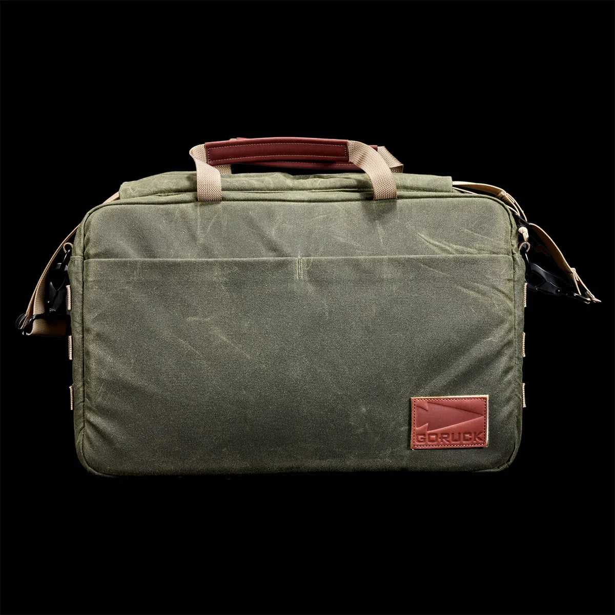 GORUCK olive green rugged rucking gear bag with tan handles and leather logo patch