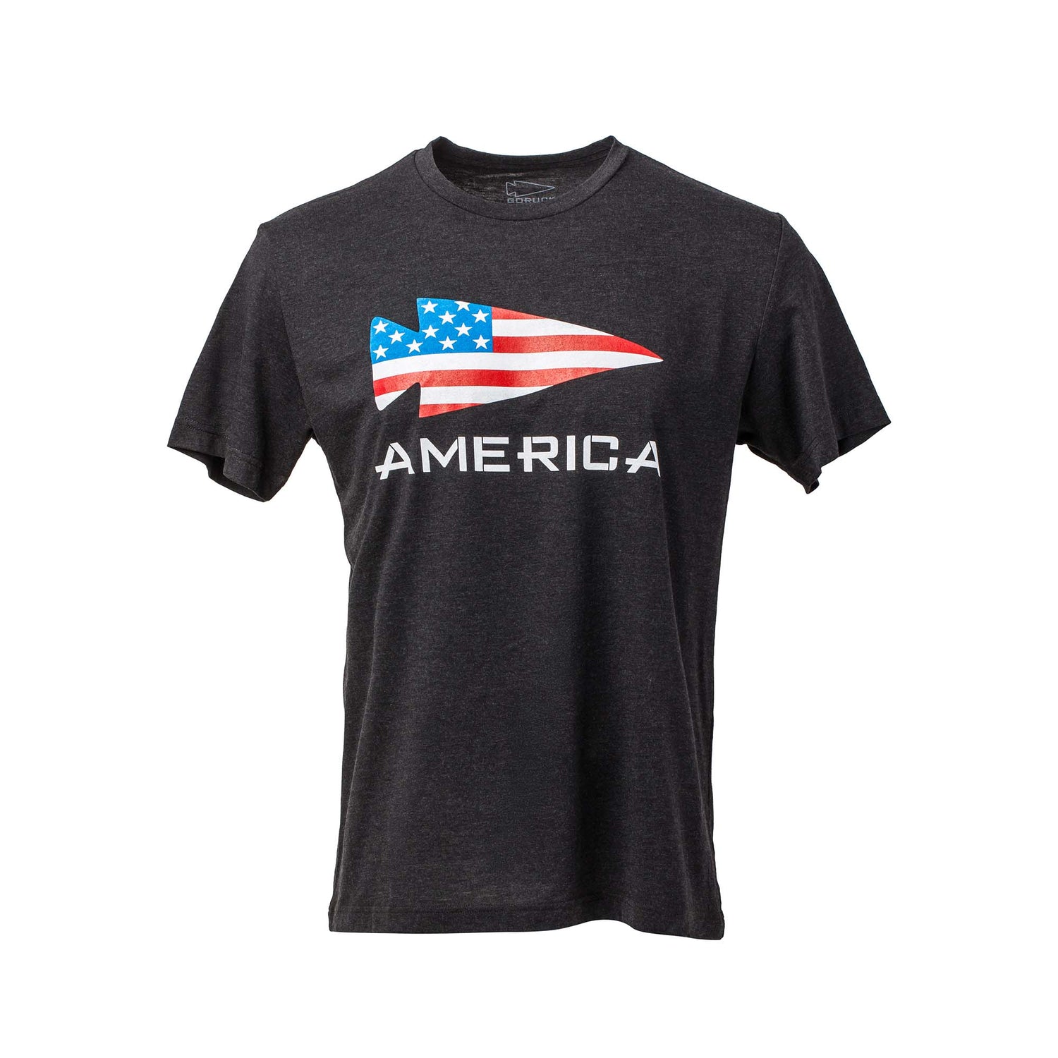 The America Tee - Tri-BlendX is a black premium men’s t-shirt with a stylized American flag arrow and 