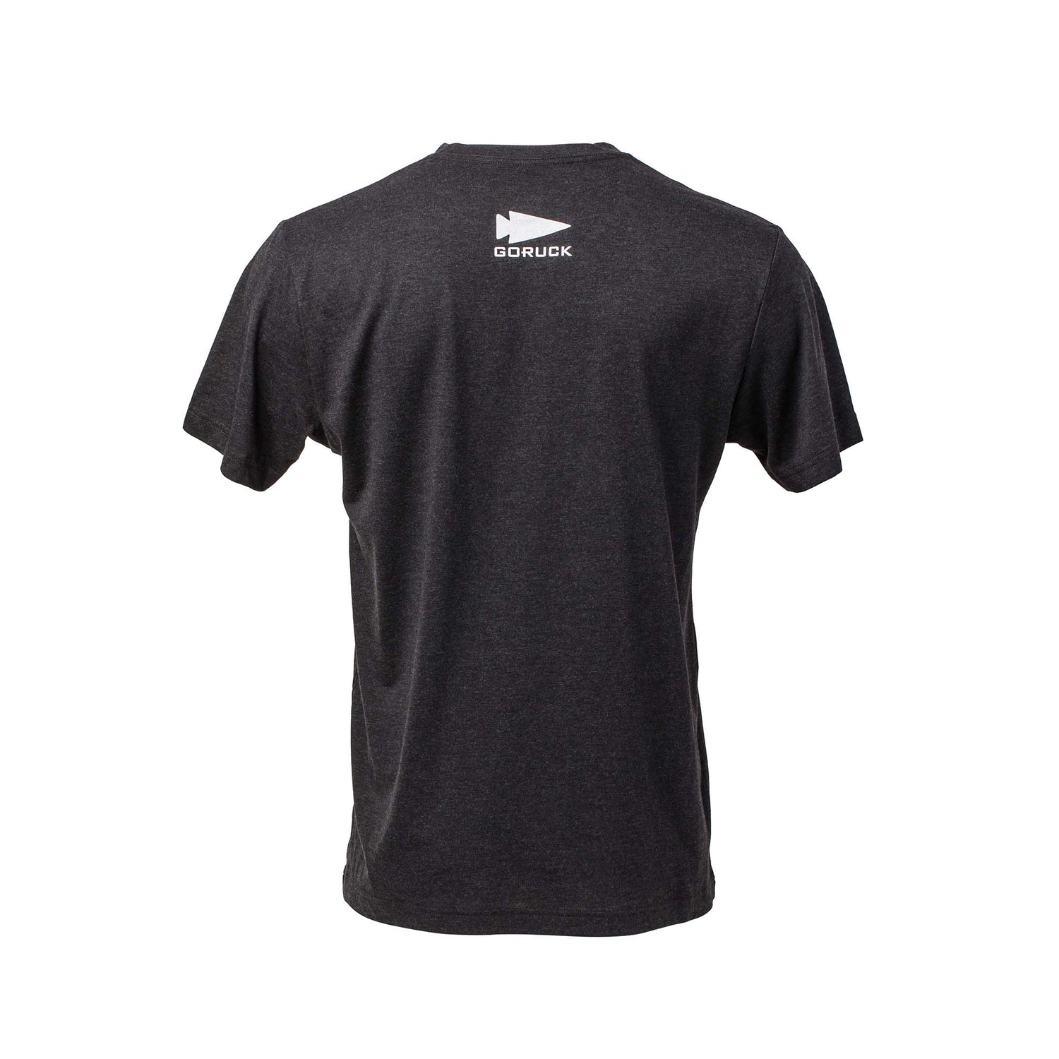 Back view of a dark gray America Tee - Tri-BlendX with a small white logo near the collar.