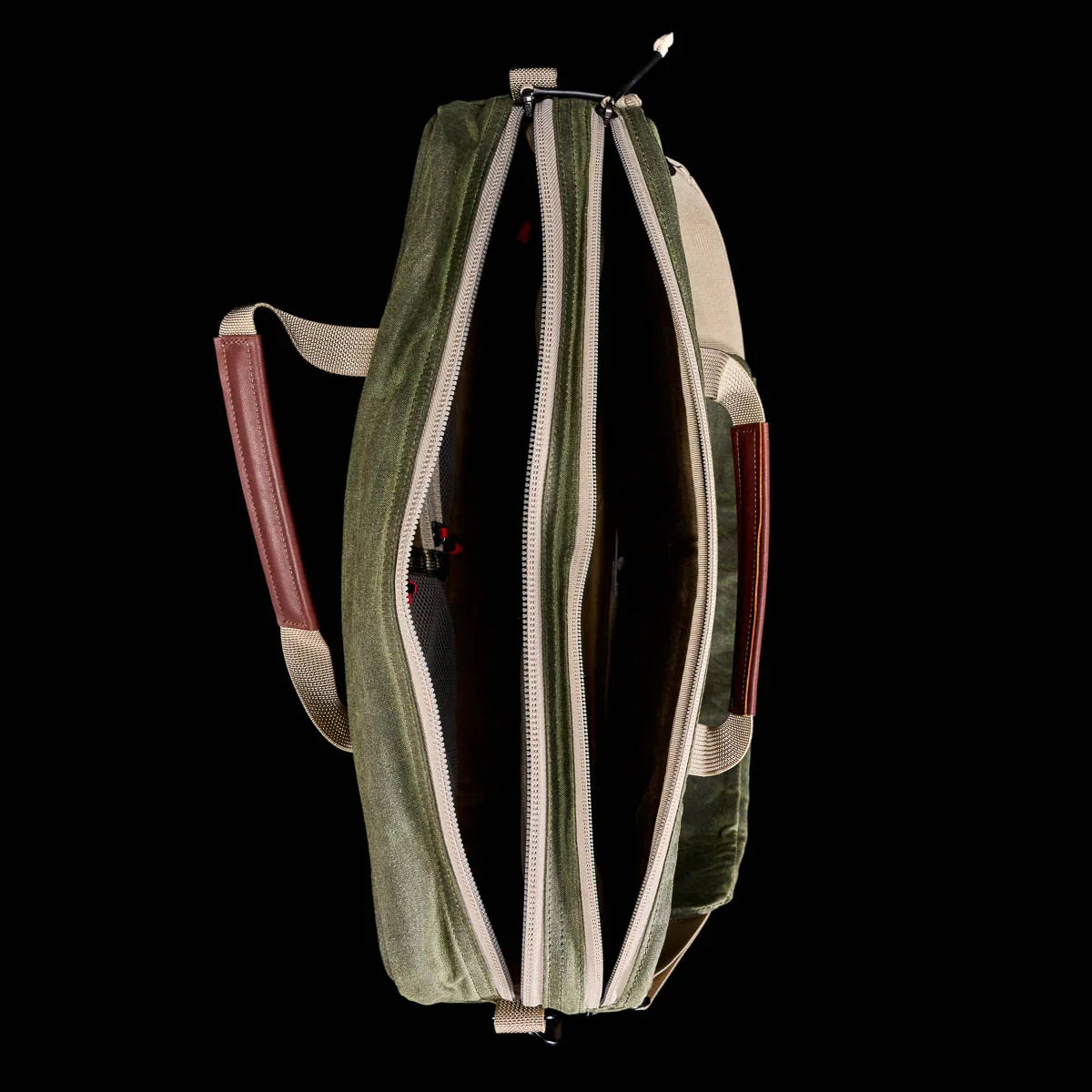 GORUCK olive waxed canvas shoulder bag 15L with dual zippered compartments and tan straps
