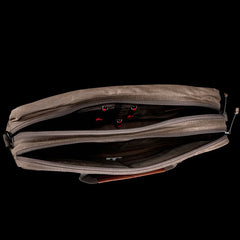GORUCK dark oak waxed canvas shoulder bag with zippered compartments, top view