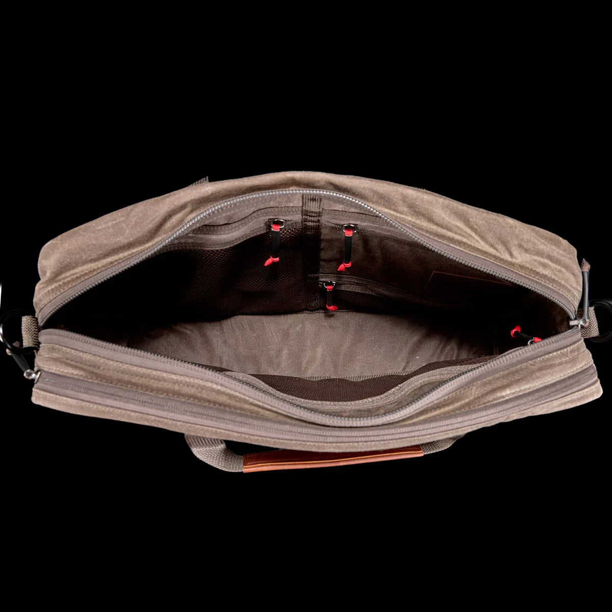 GORUCK dark oak waxed canvas shoulder bag open top view, showing spacious main compartment and interior pockets