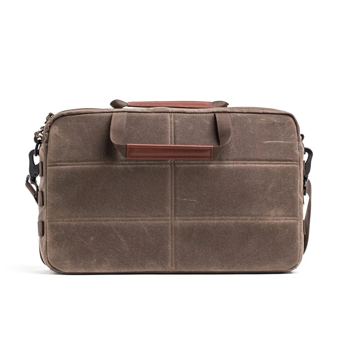 GORUCK dark oak waxed canvas shoulder bag with top handles and adjustable strap, back view
