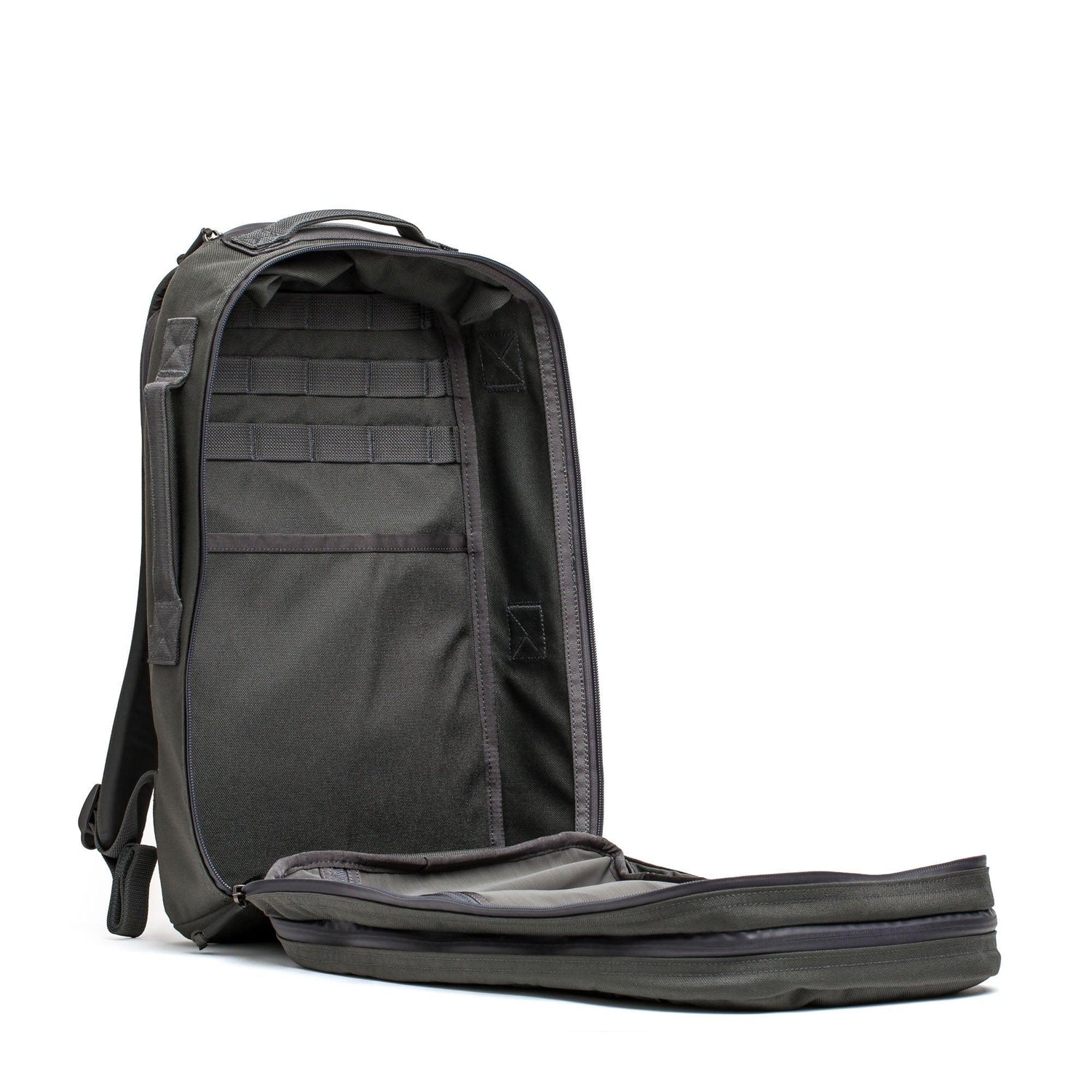 GORUCK ruck backpack open to show spacious interior and rugged grey fabric design