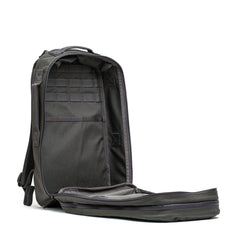 GORUCK ruck backpack open to show spacious interior and rugged grey fabric design