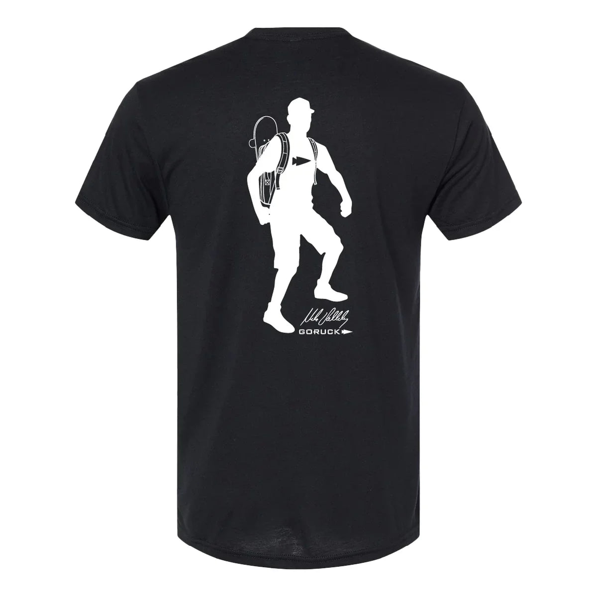 GORUCK black t-shirt with white silhouette of rucker carrying a skateboard on the back