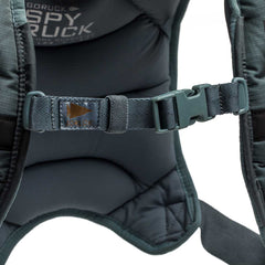 Close-up of a padded Spy Ruck | Women's Weighted Vest strap with a plastic buckle and stitched tag reading "155L 6L".