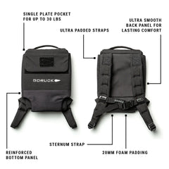 GORUCK rucksack with padded straps, sternum strap, plate pocket, and reinforced bottom panel