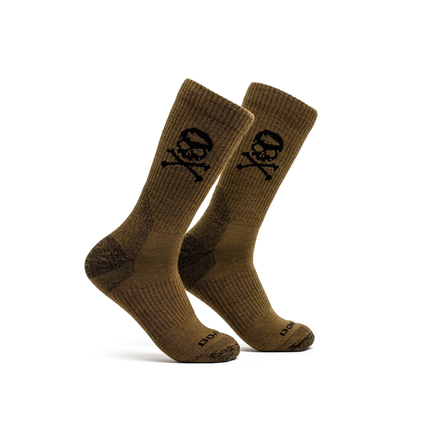 GORUCK coyote black Merino wool crew socks with skull and crossbones design on white background