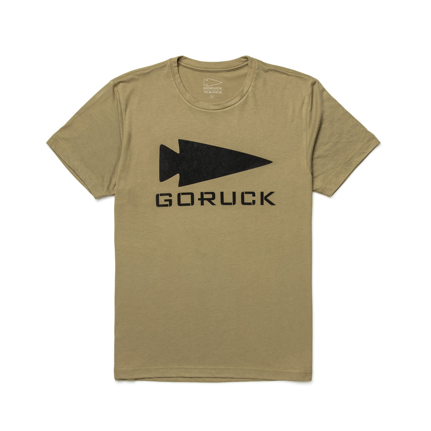 The GORUCK Spearhead Tee - Tri-Blend is a khaki t-shirt with the iconic spearhead and 