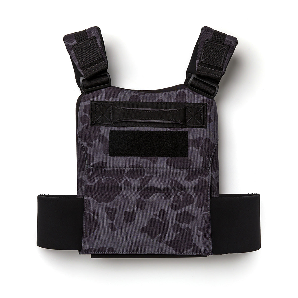 The Training Weight Vest 2.0 features a black and gray camo design, adjustable shoulder straps, a front velcro patch, and is compatible with ruck plates.