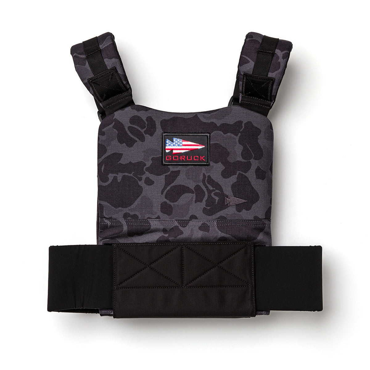 The Training Weight Vest 2.0 features a black and grey camo design, wide adjustable straps, a GORUCK patch, and is built to securely hold ruck plates for intense training sessions.