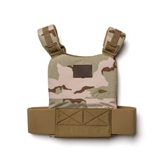 The Training Weight Vest 2.0 features tan and brown camouflage, padded shoulder straps, and a wide adjustable waist belt—ideal for adding ruck plates to intensify your workouts.