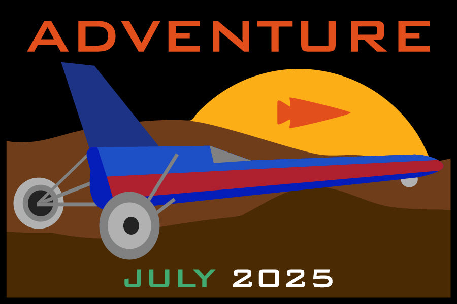 Stylized airplane on a brown landscape with a sunset; text reads 