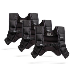 Three black Spy Ruck Bundle weighted vests with adjustable straps, including a women’s Weighted Vest, are arranged in a row on a white background.