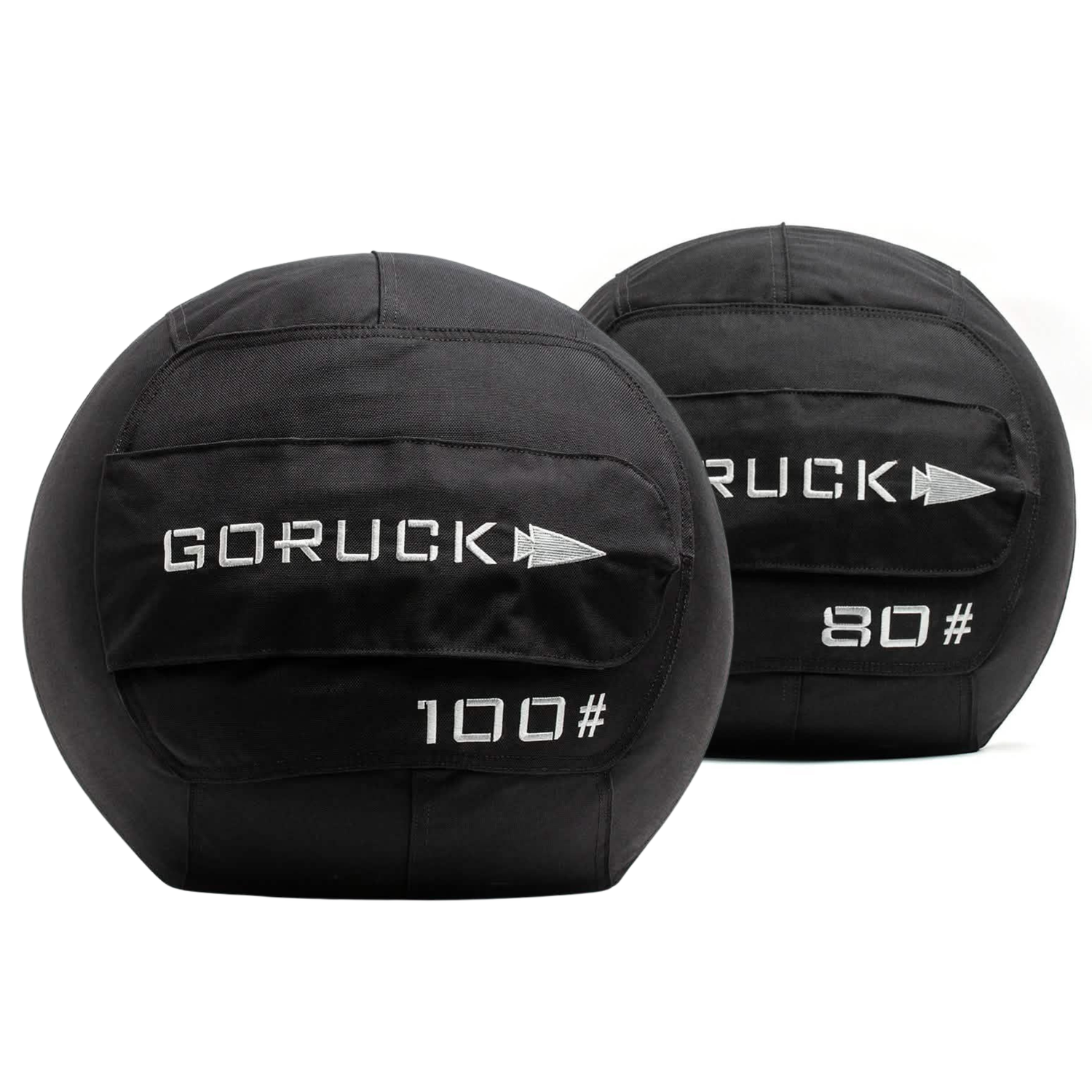 Two black Medicine Ball Bundle sandbags labeled 100 and 80 sit side by side on a white background, ideal for home gyms or portable training sessions.