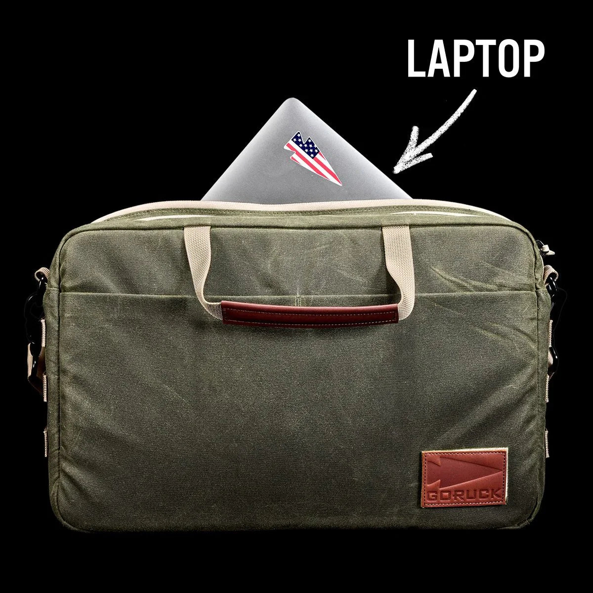 GORUCK rugged laptop bag with handles and USA flag laptop, black background