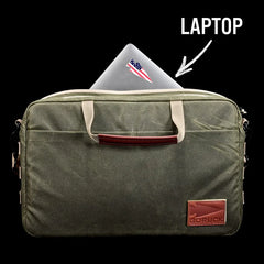 GORUCK rugged laptop bag with handles and USA flag laptop, black background