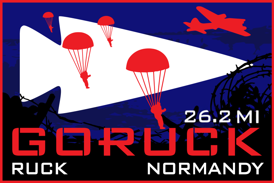 Stylized poster of parachuters, a plane, and barbed wire with text: 