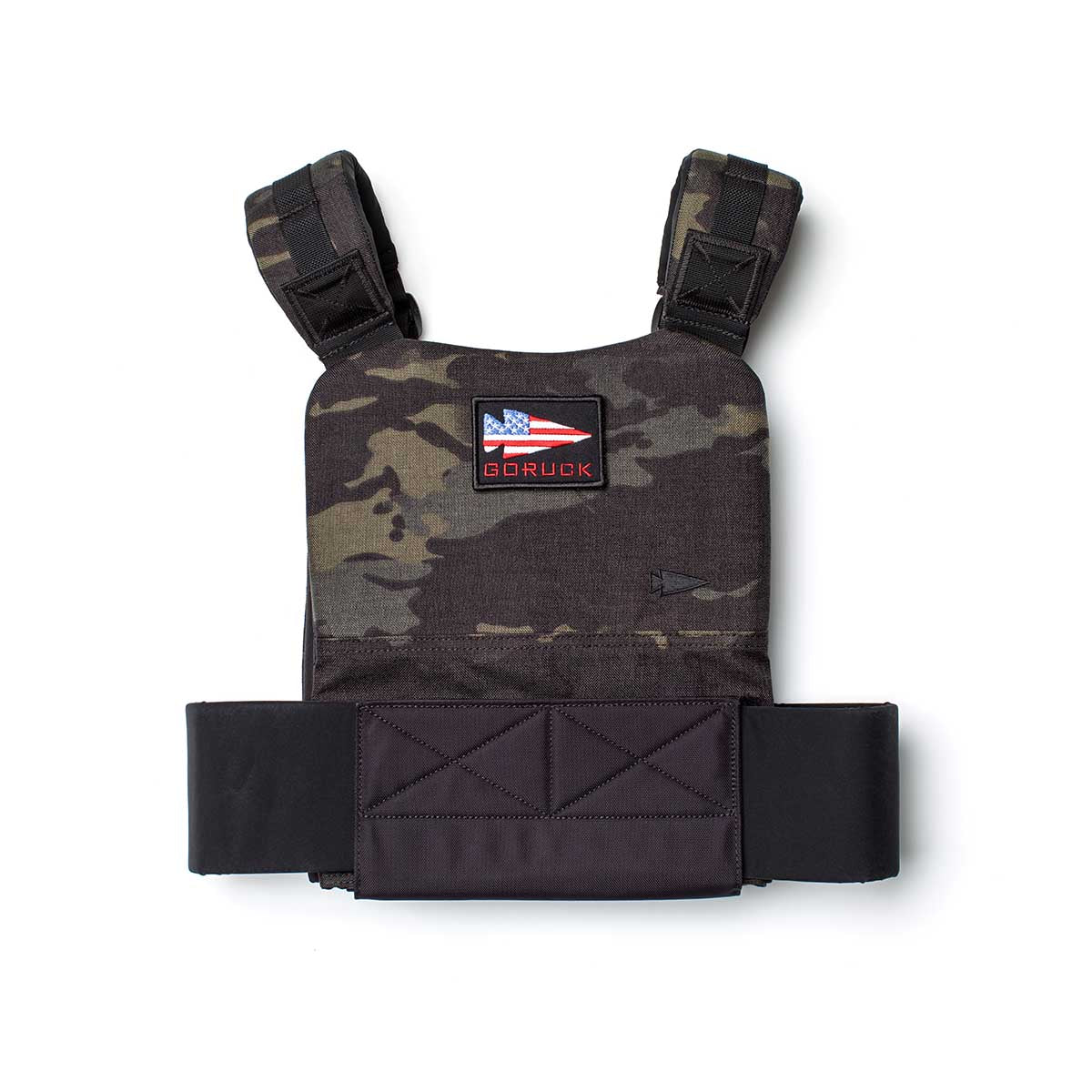 The Training Weight Vest 2.0 features camouflage design, black straps, and an American flag patch labeled 