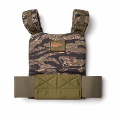The Training Weight Vest 2.0 features tiger stripe camouflage, padded shoulder straps, an olive green waist strap, and space for ruck plates to help intensify your workouts.